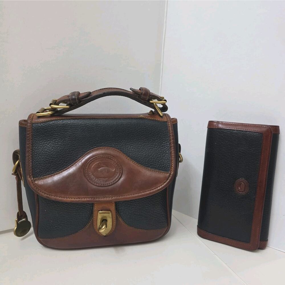 Vintage Set Dooney & Bourke Black British Tan All Weather Leather Bag + Wallet - Picture 3 of 14
